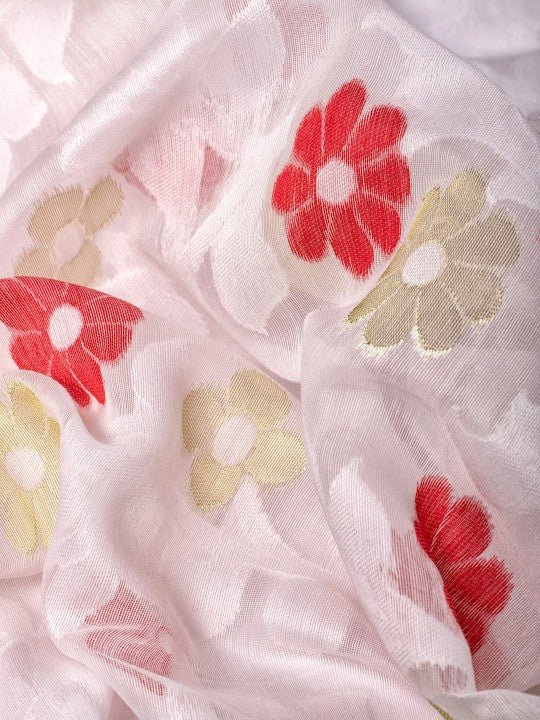 DESH BIDESH White & Red Pure Cotton Jamdani Saree, Woven Zari Design