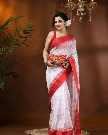 Exquisite White & Red Pure Cotton Taant Saree with Ethnic Motifs