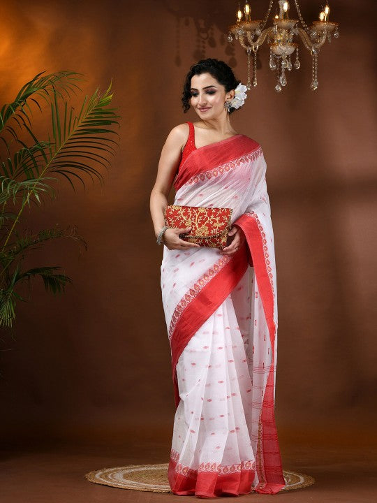 Exquisite White & Red Pure Cotton Taant Saree with Ethnic Motifs