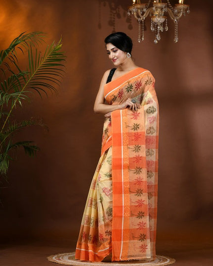 Exquisite Floral Pure Cotton Block Print Saree with Solid Border and Blouse Piece