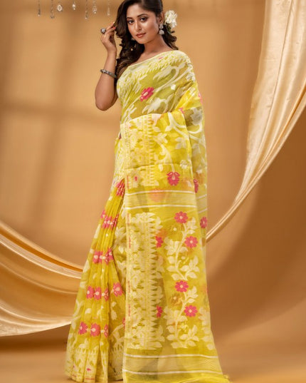 DESH BIDESH Floral Woven Design Pure Cotton Jamdani Saree