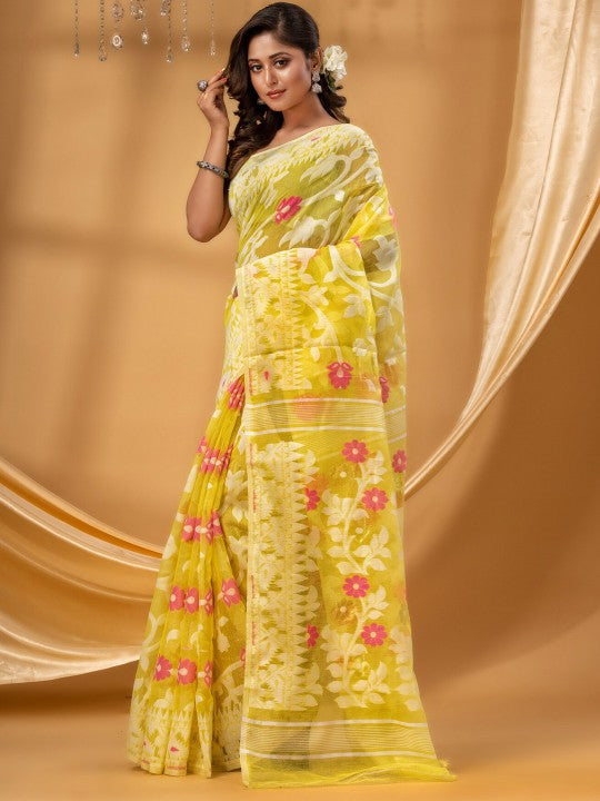 DESH BIDESH Floral Woven Design Pure Cotton Jamdani Saree