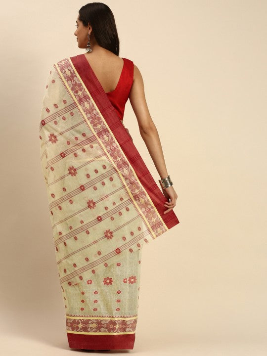 DESH BIDESH Phulkoli Woven Design Pure Cotton Bengal Taant Saree