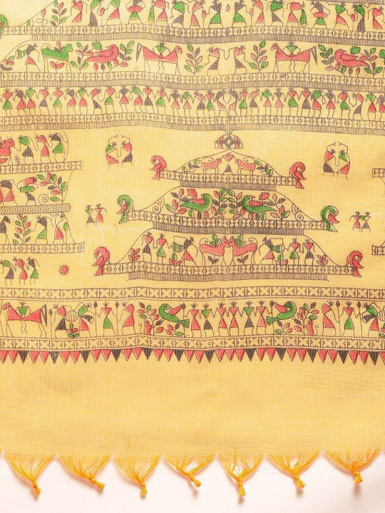DESH BIDESH Yellow & Green Warli Print Pure Cotton Taant Saree
