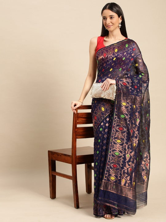 DESH BIDESH Woven Design Ethnic Motifs Zari Pure Cotton Jamdani Saree