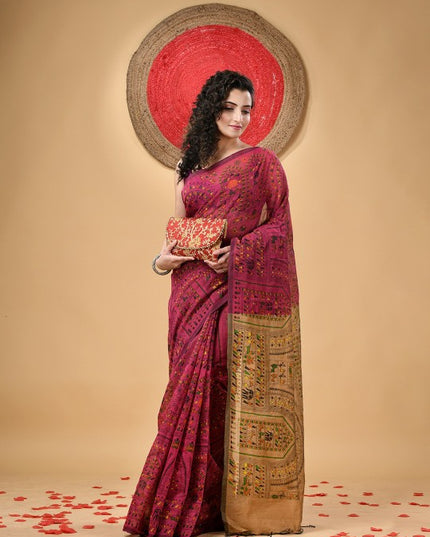 DESH BIDESH Traditional Warli Block Print Saree with Tassels and Blouse Piece