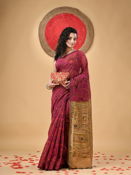 DESH BIDESH Traditional Warli Block Print Saree with Tassels and Blouse Piece
