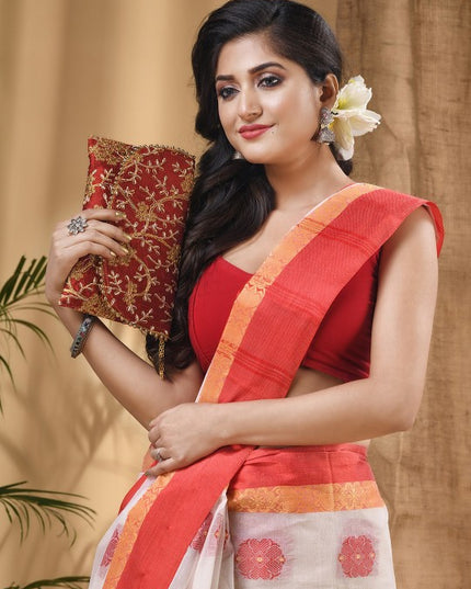 DESH BIDESH Ethnic Motifs Woven Design Zari Pure Cotton Taant Saree