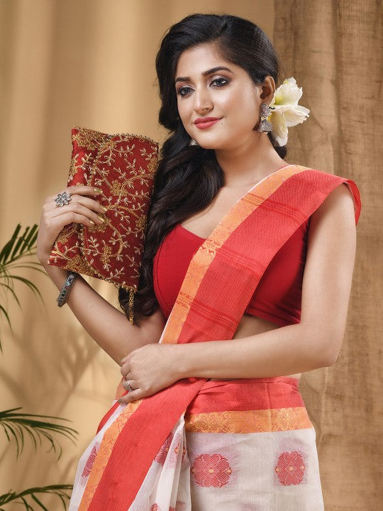 DESH BIDESH Ethnic Motifs Woven Design Zari Pure Cotton Taant Saree