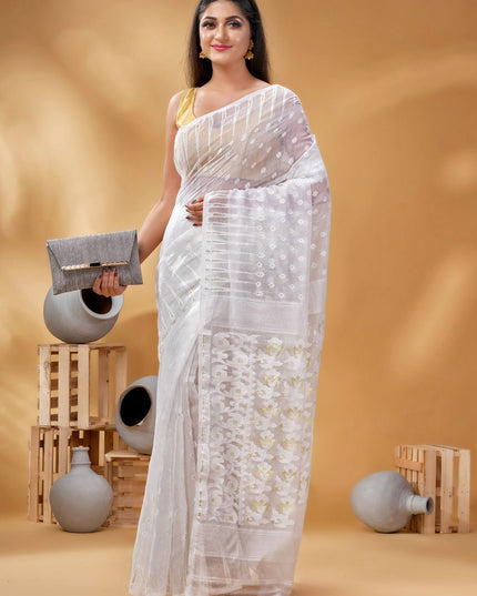 Elegant White Gold-Toned Woven Design Pure Cotton Jamdani Saree for Women