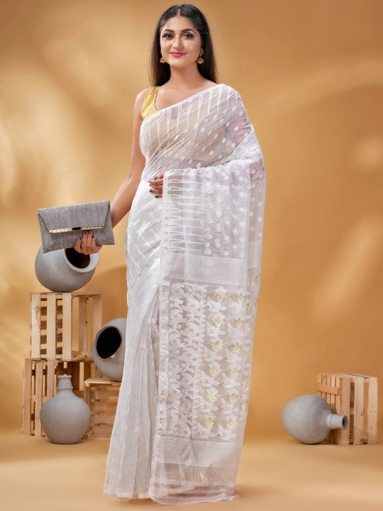 Elegant White Gold-Toned Woven Design Pure Cotton Jamdani Saree for Women