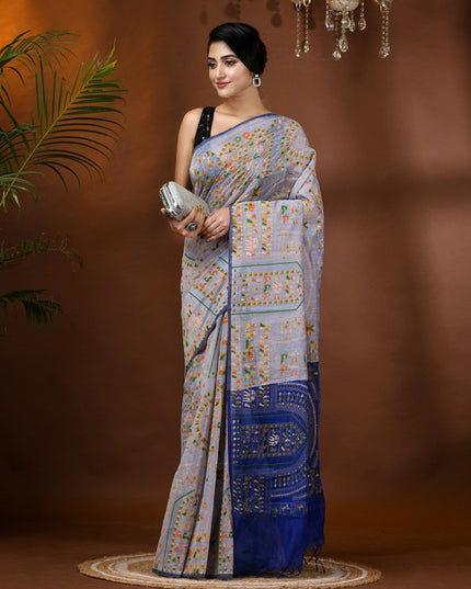 DESH BIDESH Woven Design Block Print Cotton Silk Saree with Tassels