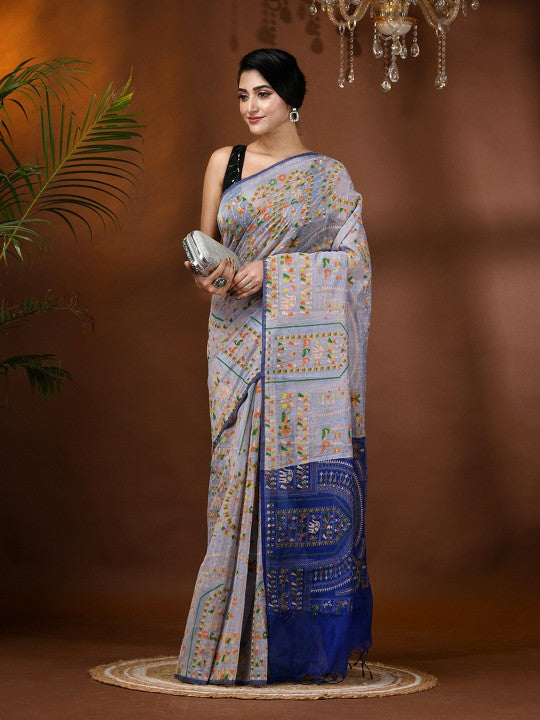 DESH BIDESH Woven Design Block Print Cotton Silk Saree with Tassels