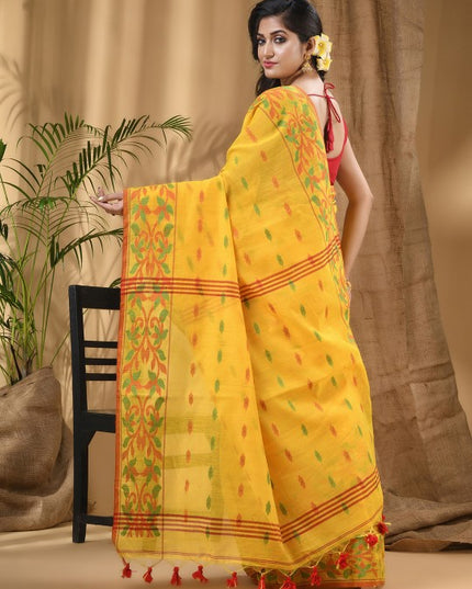 DESH BIDESH Yellow-Green Woven Design Silk Cotton Taant Saree for Women