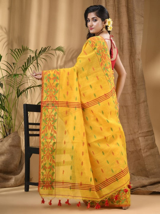 DESH BIDESH Yellow-Green Woven Design Silk Cotton Taant Saree for Women
