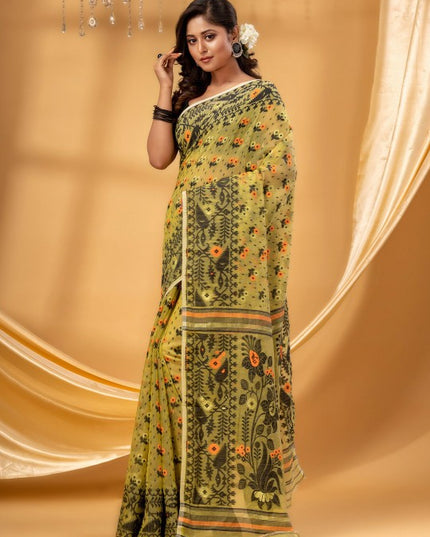 DESH BIDESH Green Black Pure Cotton Jamdani Saree for Women