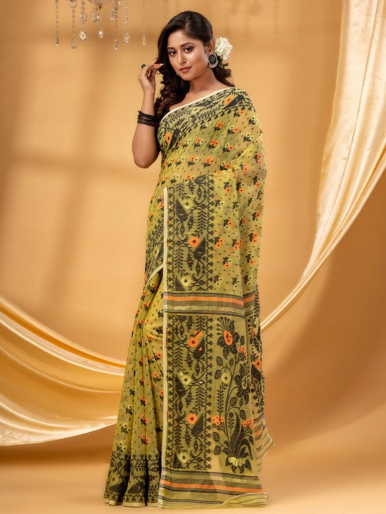 DESH BIDESH Green Black Pure Cotton Jamdani Saree for Women
