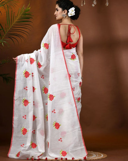 DESH BIDESH Elegant Floral Embroidered White Cotton Blend Saree with Blouse Piece