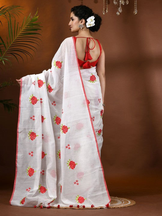DESH BIDESH Elegant Floral Embroidered White Cotton Blend Saree with Blouse Piece