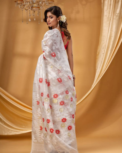 DESH BIDESH White & Red Pure Cotton Jamdani Saree, Woven Zari Design