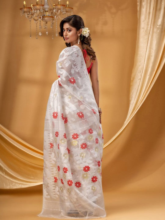 DESH BIDESH White & Red Pure Cotton Jamdani Saree, Woven Zari Design