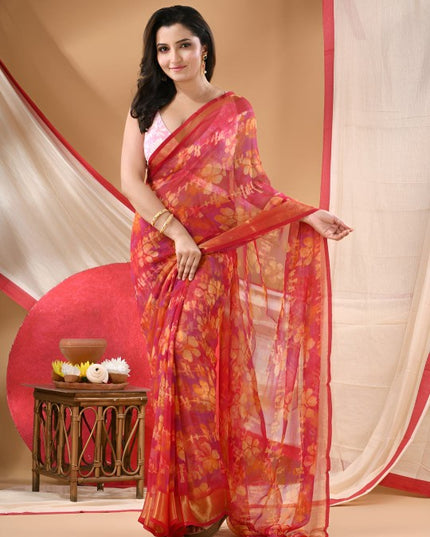 Floral Printed Zari Bandhani Saree