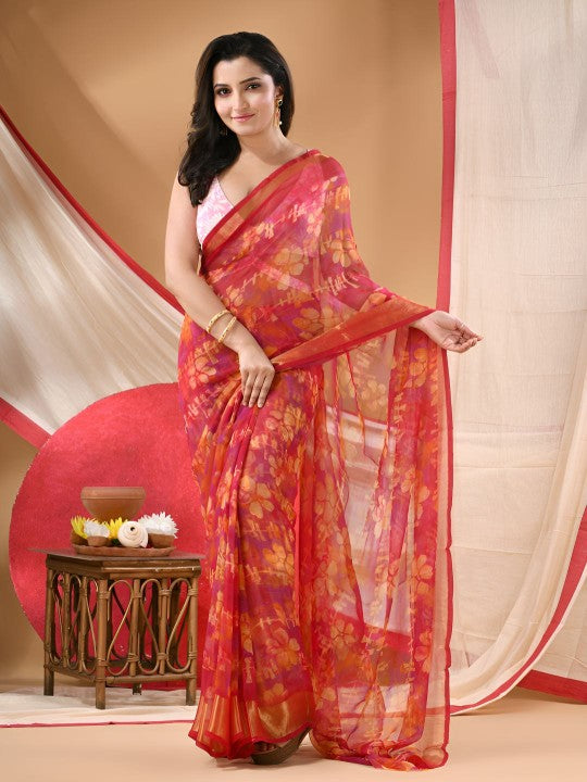 Floral Printed Zari Bandhani Saree