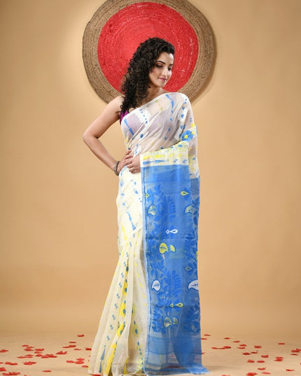 Exquisite Jamdani Cotton Handloom Saree with Paisley Woven Phulkari Design
