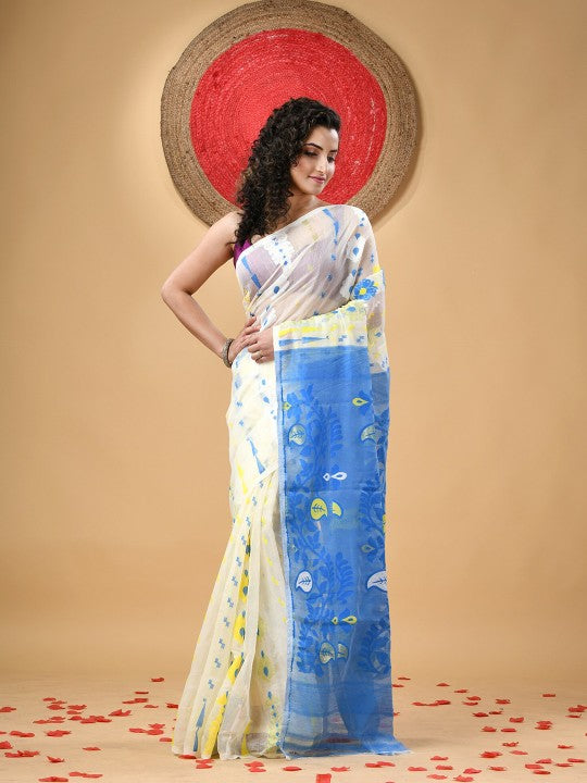 Exquisite Jamdani Cotton Handloom Saree with Paisley Woven Phulkari Design