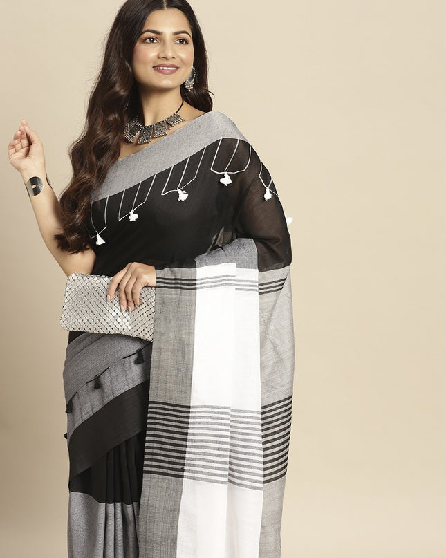 DESH BIDESH Black & Grey Woven Design Pure Cotton Taant Saree