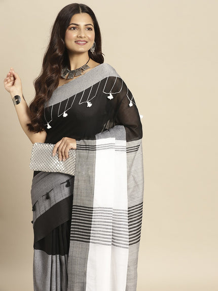 DESH BIDESH Black & Grey Woven Design Pure Cotton Taant Saree