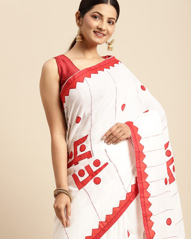 DESH BIDESH White & Red Printed Pure Cotton Taant Saree