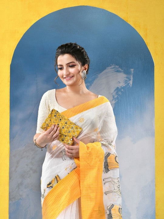 DESH BIDESH Ethnic Motifs Embroidered Pure Cotton Khadi Saree