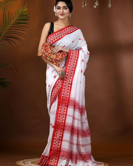 Exquisite White & Red Woven Design Pure Cotton Taant Saree for Women