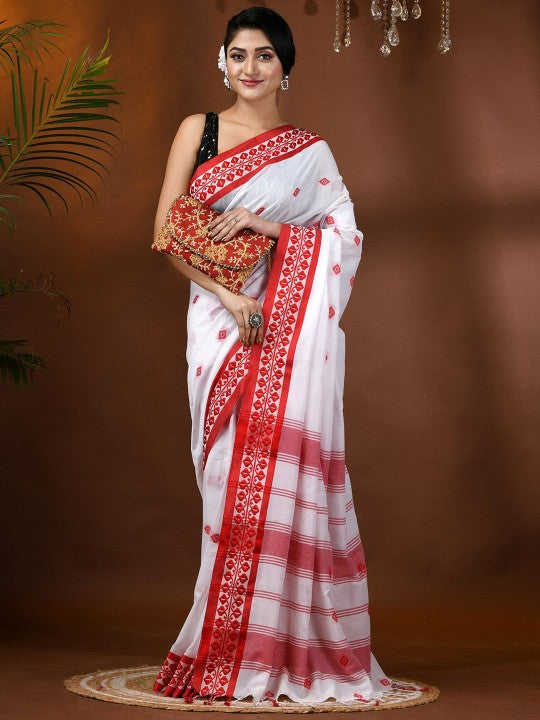Exquisite White & Red Woven Design Pure Cotton Taant Saree for Women