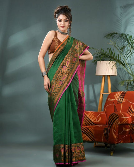 DESH BIDESH Elegant Green Gold Pink Kanjeevaram Silk Cotton Saree