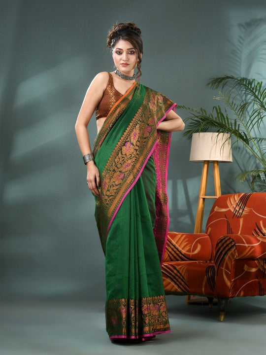 DESH BIDESH Elegant Green Gold Pink Kanjeevaram Silk Cotton Saree