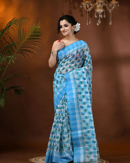 DESH BIDESH Blue & Green Floral Printed Pure Cotton Block Print Saree with Woven Border
