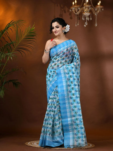 DESH BIDESH Blue & Green Floral Printed Pure Cotton Block Print Saree with Woven Border