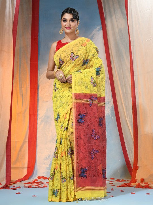 Exquisite Yellow Handloom Saree with Abstract Printed Butterfly Design & Blouse Piece