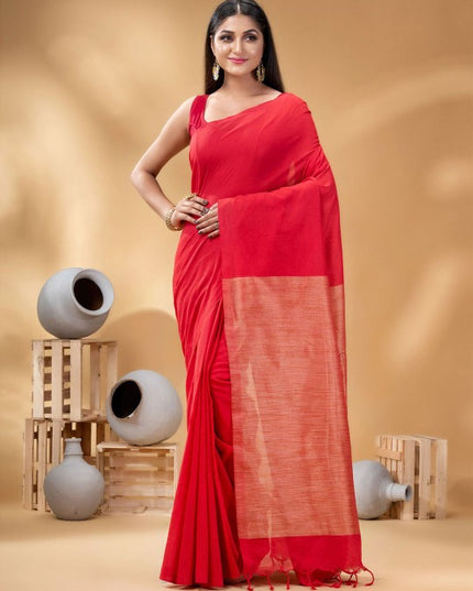 DESH BIDESH Elegant Red Pure Cotton Solid Saree with No Border