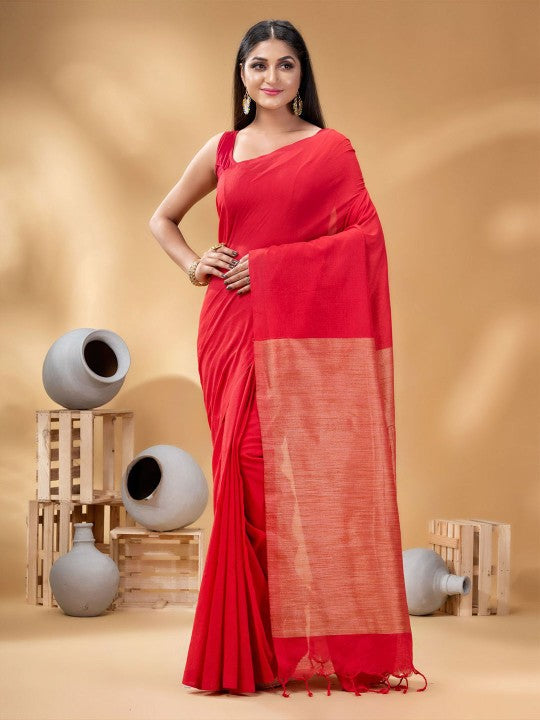Elegant Red Pure Cotton Saree for Women - Traditional Indian Ethnic Wear