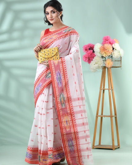 Exquisite White & Red Woven Pure Cotton Tant Saree with Intricate Border