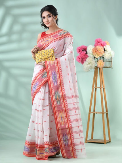 Exquisite White & Red Woven Pure Cotton Tant Saree with Intricate Border