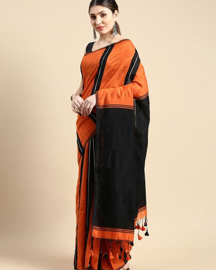 Exquisite Striped Silk Cotton Saree in Orange and Black with Solid Border