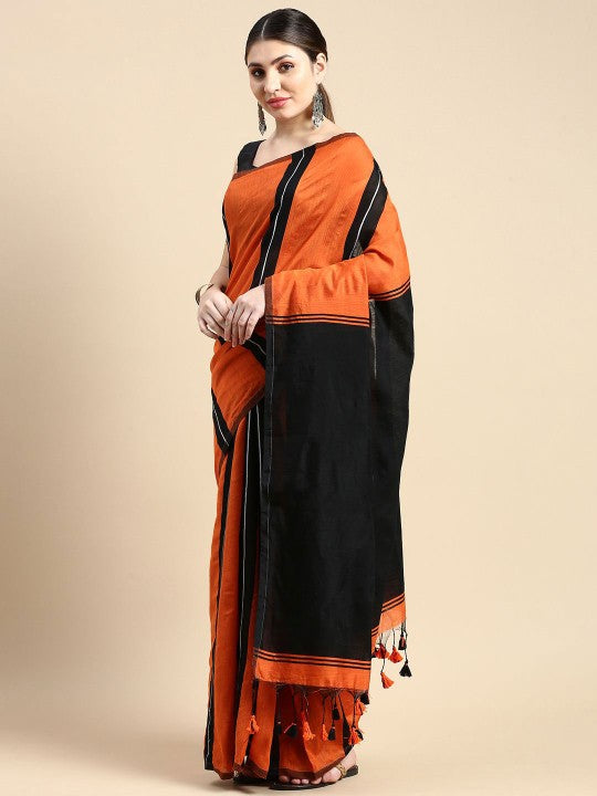 Exquisite Striped Silk Cotton Saree in Orange and Black with Solid Border