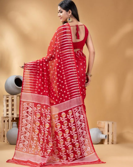 Exquisite Red & White Pure Cotton Jamdani Saree with Woven Ethnic Motifs