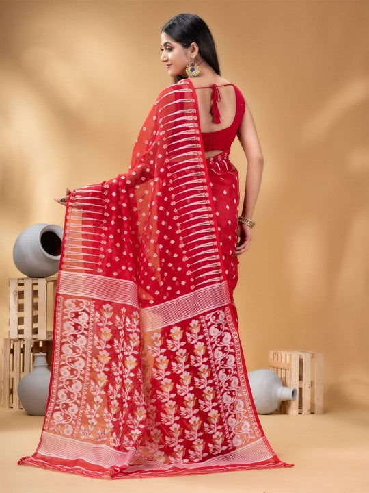 Exquisite Red & White Pure Cotton Jamdani Saree with Woven Ethnic Motifs