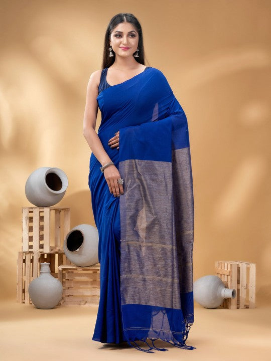 DESH BIDESH Elegant Pure Cotton Khadi Saree with Woven Design, Royal Blue & Gold Hue