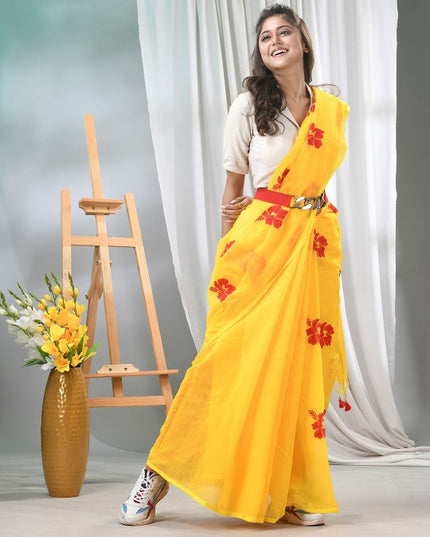 DESH BIDESH Floral Embroidered Silk Cotton Saree with No Border